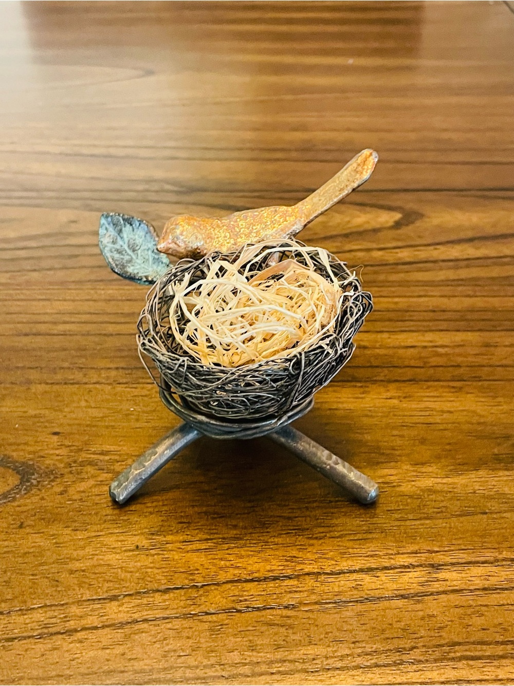 Hand-Forged Rustic Metal Bird on Nest Sculpture - Farmhouse Cottagecore Decor